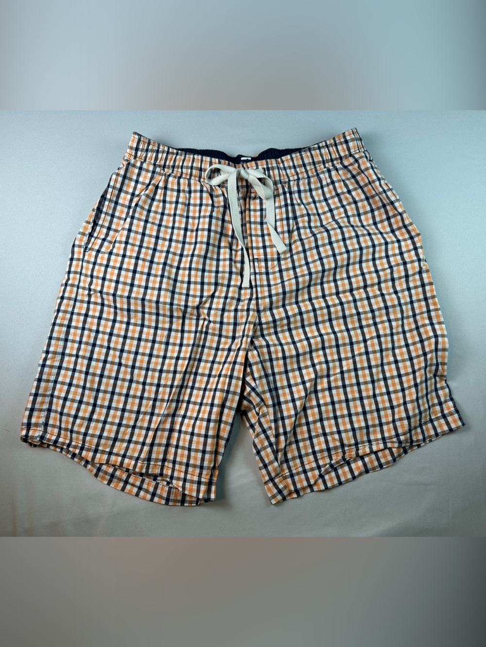 croft & barrow Men’s Shorts Loose Fit Navy Yellow Plaid Elastic Waist Pockets